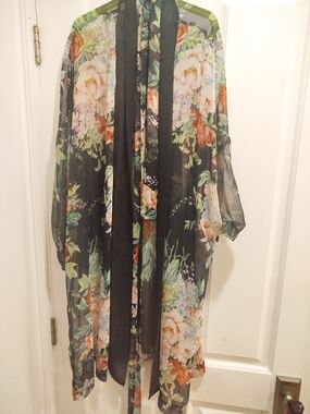 La SENZA Black Sheer Floral Kimono Tunic with Green and Peach Accents